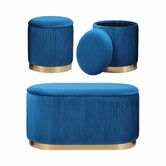 3 Piece Set Storage Ottoman - Velvet Bench Stool FAYE - BLUE