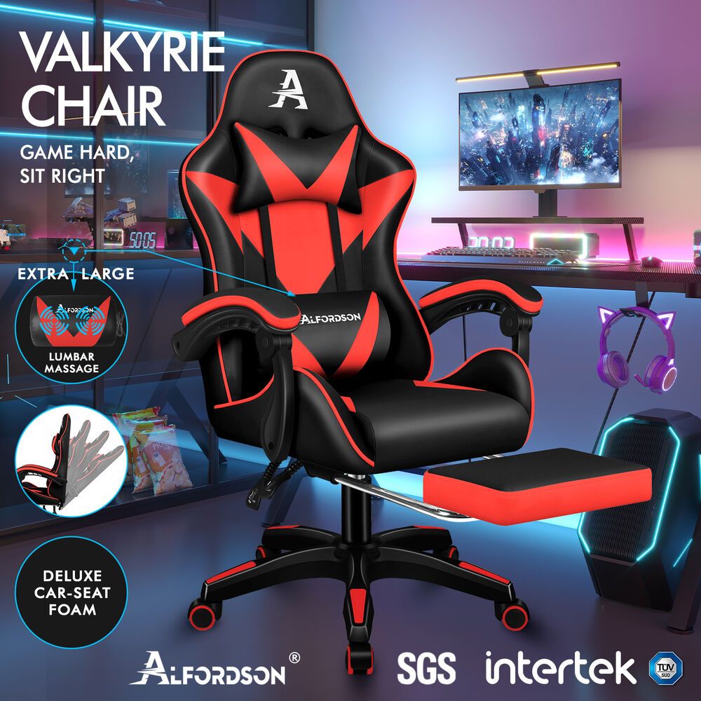 ALFORDSON Gaming Office Chair Massage Computer Footrest Seat Leather Black & Red
