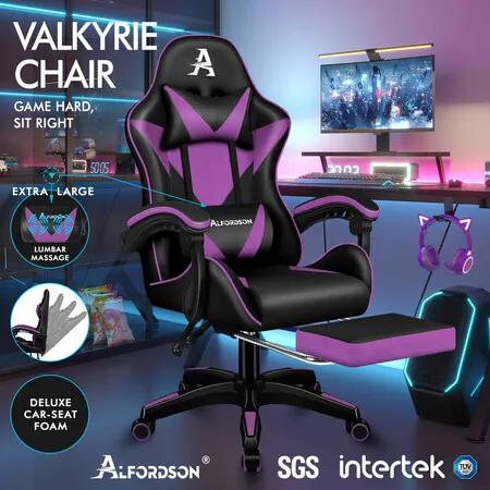 Gaming Office Chair Massage Footrest PU Leather Black Purple Alfordson Valkyrie Reclining Ergonomic Computer Chair