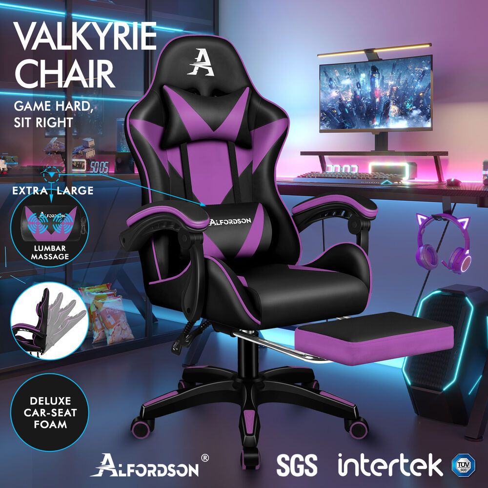 ALFORDSON Gaming Office Chair Massage Computer Footrest Leather Black & Purple