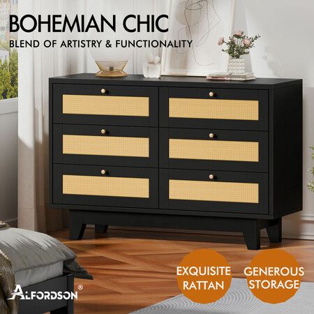 ALFORDSON 6 Chest of Drawers Rattan Storage Cabinet Dresser Tallboy Black