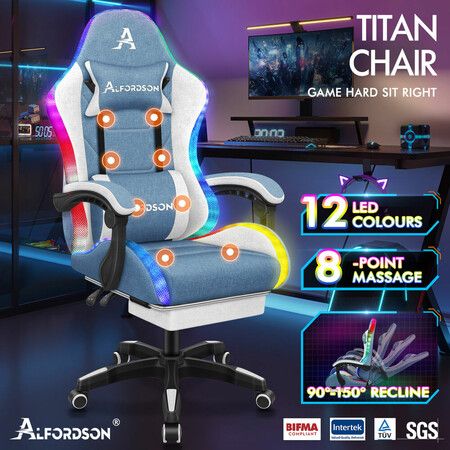 ALFORDSON Gaming Chair Office Massage 12 RGB LED Computer Seat Fabric White Blue