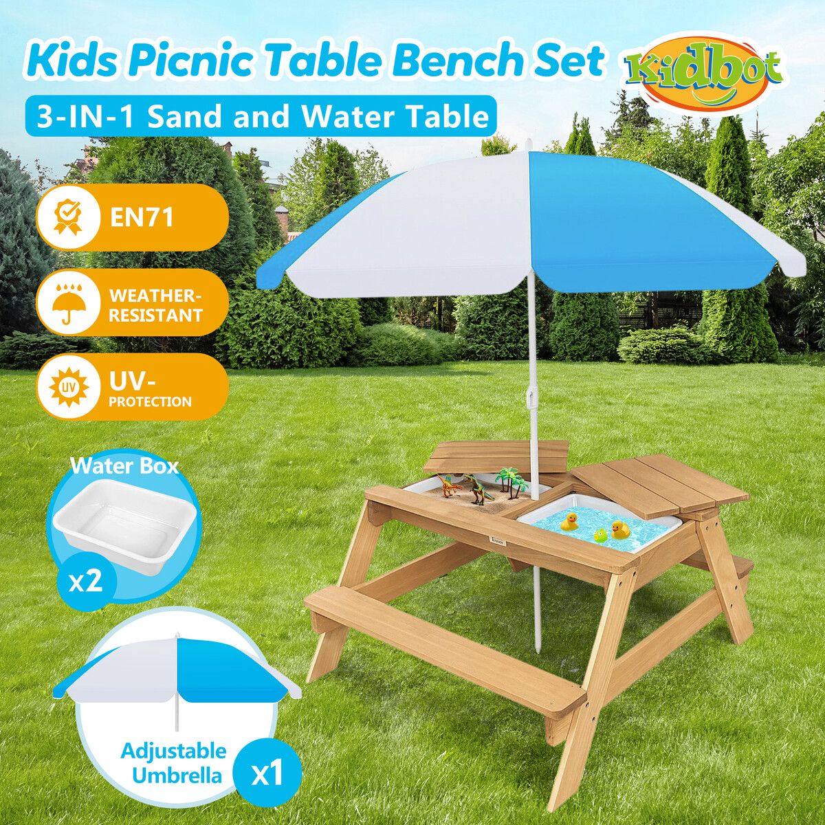 Kids Sand Water Table Chairs Set 3 in 1 Outdoor Picnic Camp Activity Sandpit Desk Bench Childrens Craft Furniture Wooden Sensory Play Centre Umbrella