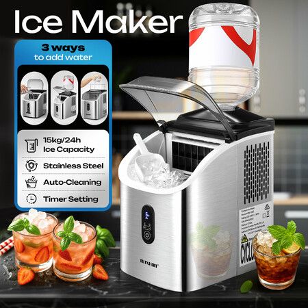 Countertop Ice Maker Machine Home Bar Portable Compact Clear Square Cube Pellet Crusher 15kg Self Cleaning Kitchen Office Commercial Party RV Camping