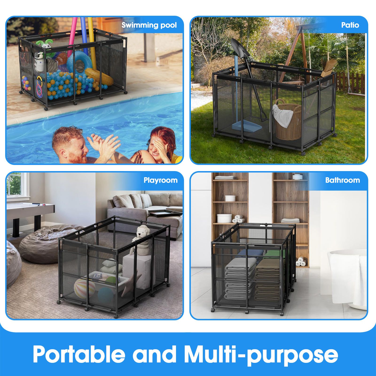 Pool Storage Bin Cart Poolside Toys Box Floats Noodles Container Organizer Outdoor Portable Rolling Wheels Mesh Basket Swimming Equipment Balls Holder