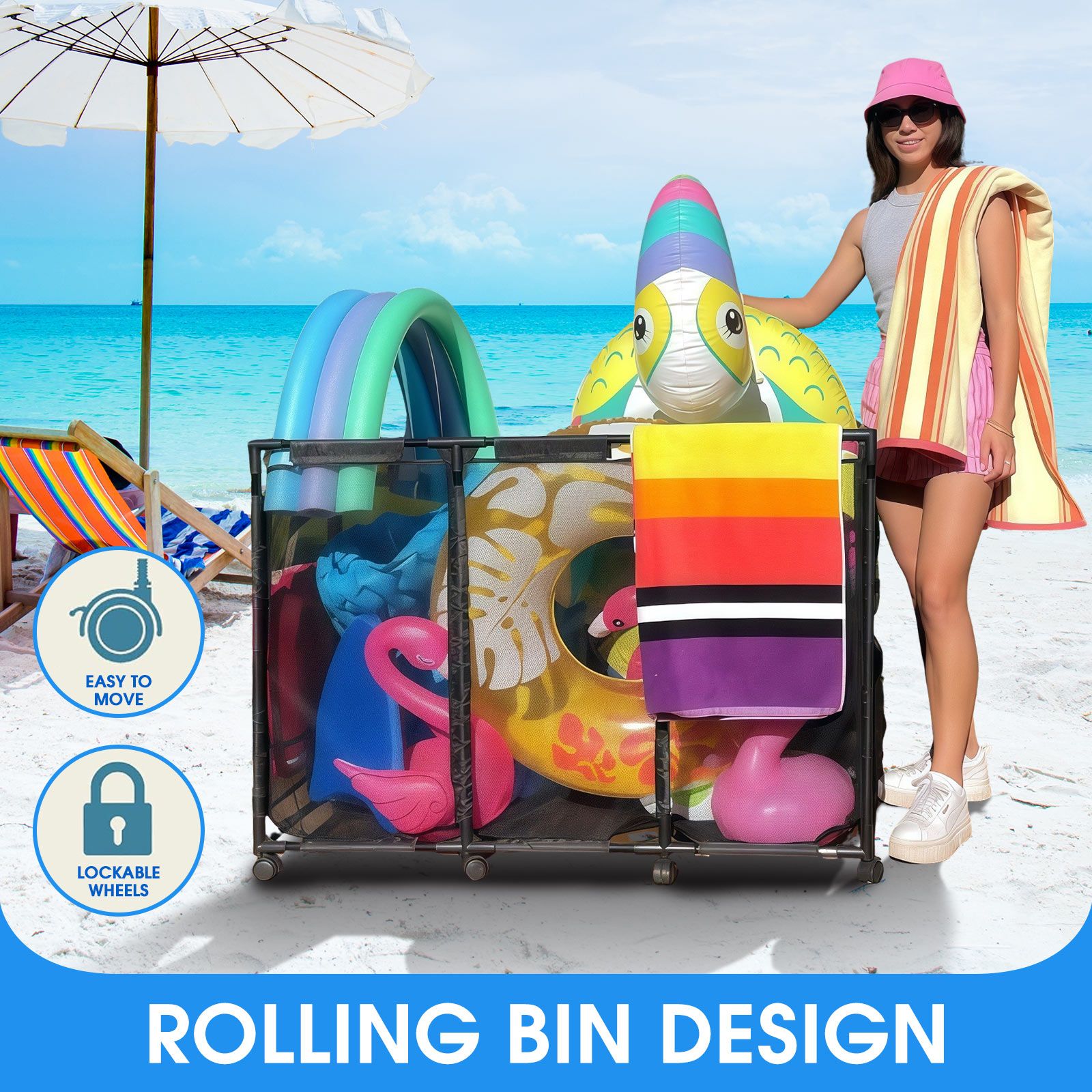 Pool Storage Bin Cart Poolside Toys Box Floats Noodles Container Organizer Outdoor Portable Rolling Wheels Mesh Basket Swimming Equipment Balls Holder