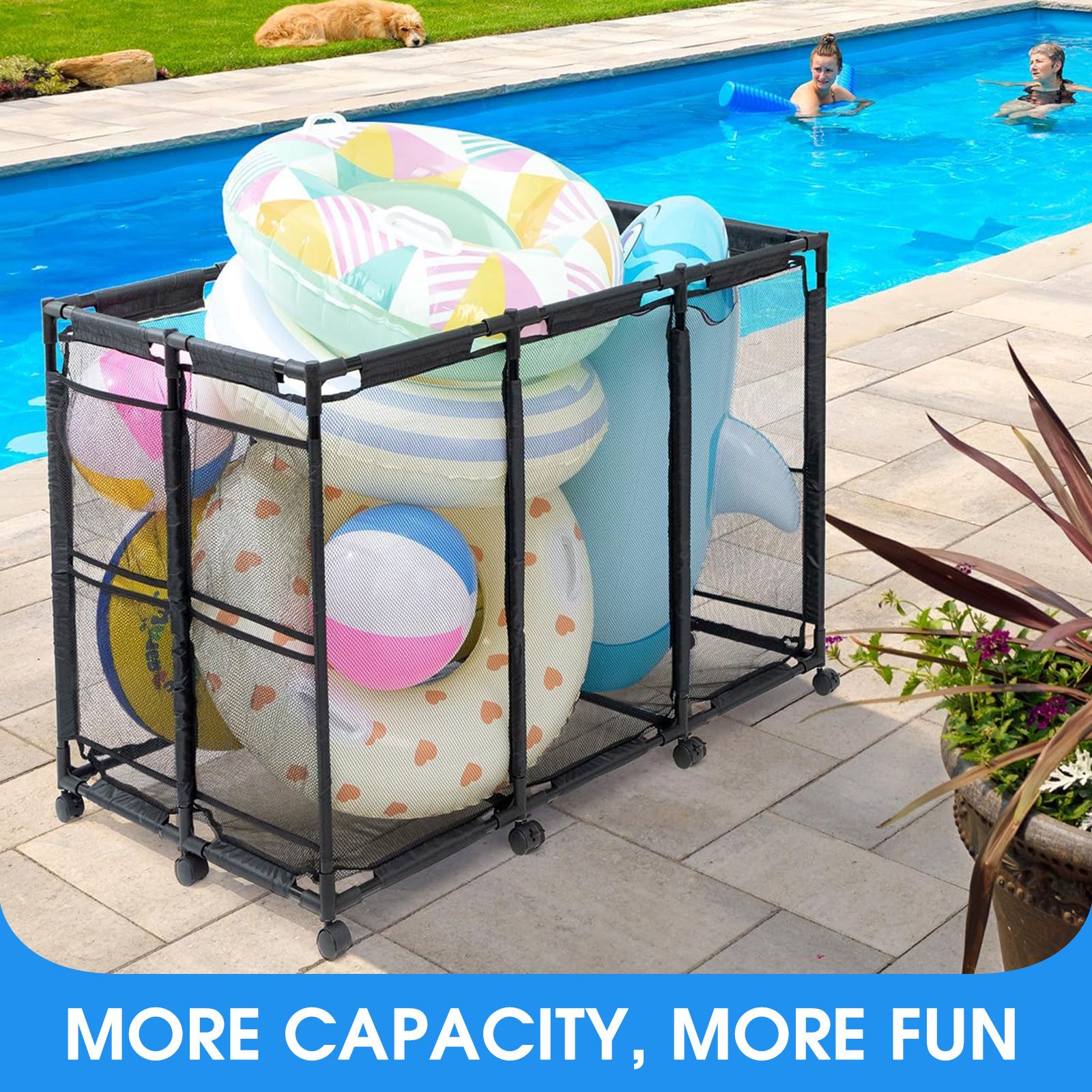 Pool Storage Bin Cart Poolside Toys Box Floats Noodles Container Organizer Outdoor Portable Rolling Wheels Mesh Basket Swimming Equipment Balls Holder
