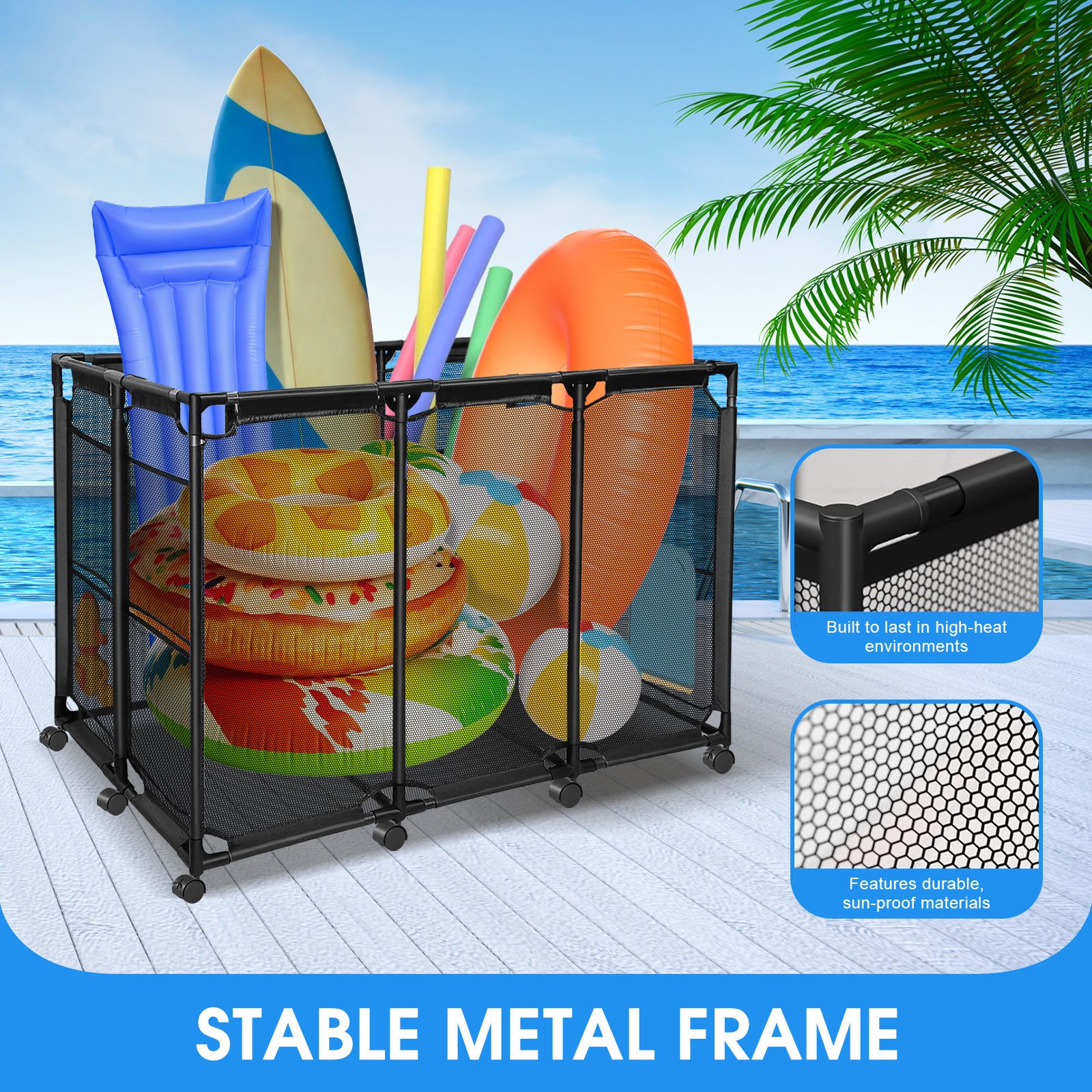 Pool Storage Bin Cart Poolside Toys Box Floats Noodles Container Organizer Outdoor Portable Rolling Wheels Mesh Basket Swimming Equipment Balls Holder