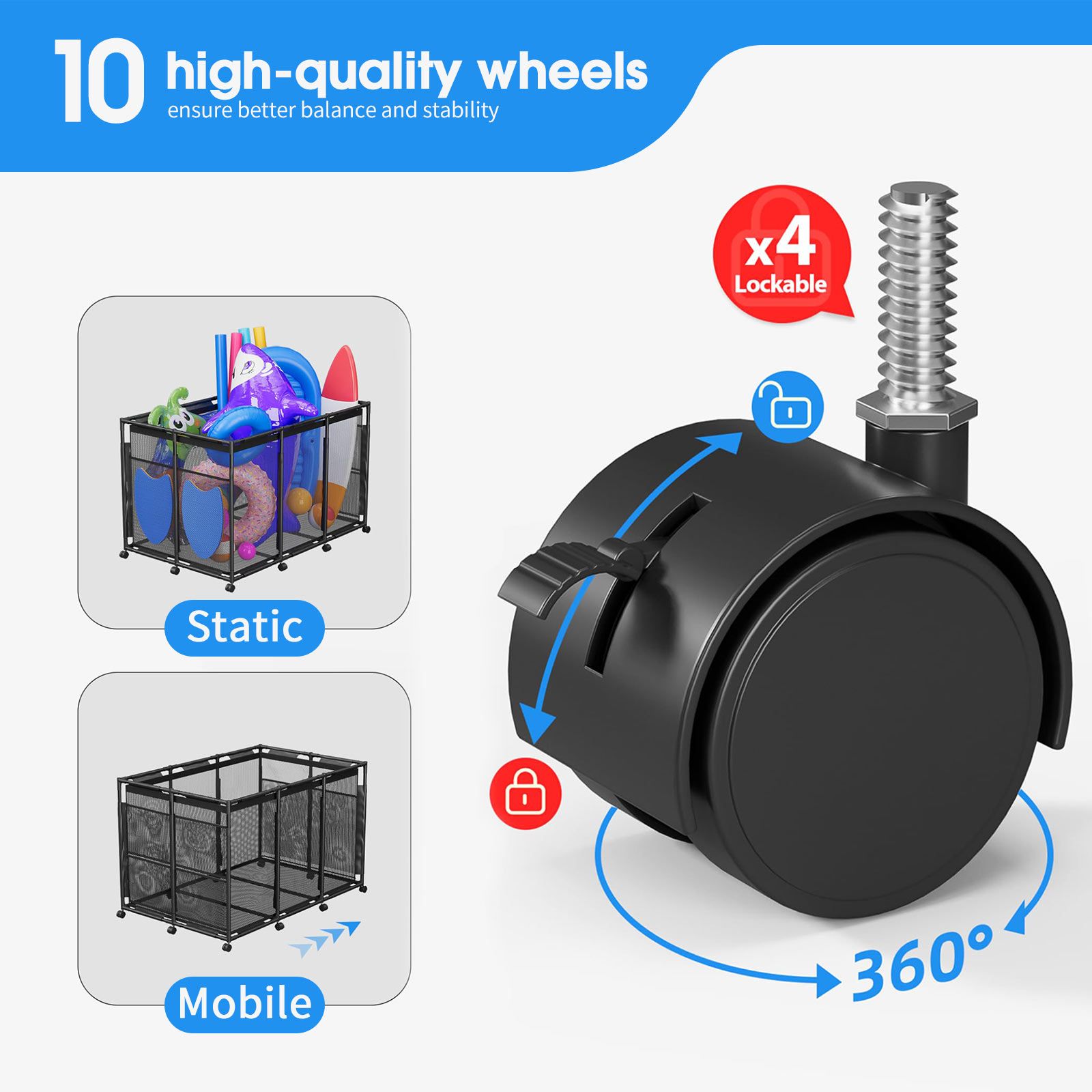 Pool Storage Bin Cart Poolside Toys Box Floats Noodles Container Organizer Outdoor Portable Rolling Wheels Mesh Basket Swimming Equipment Balls Holder