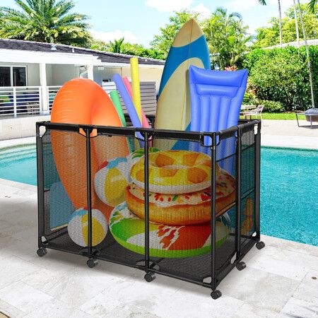Pool Storage Bin Cart Poolside Toys Box Floats Noodles Container Organizer Outdoor Portable Rolling Wheels Mesh Basket Swimming Equipment Balls Holder