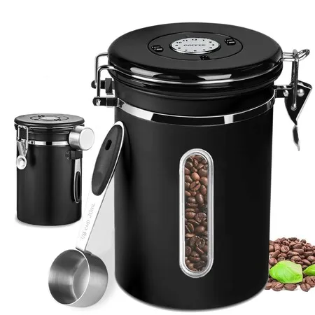 1800ML Coffee Canister for Ground Coffee with Transparent Window, Stainless Steel Kitchen Food Airtight Storage Container for Coffee Beans,Tea,Sugar