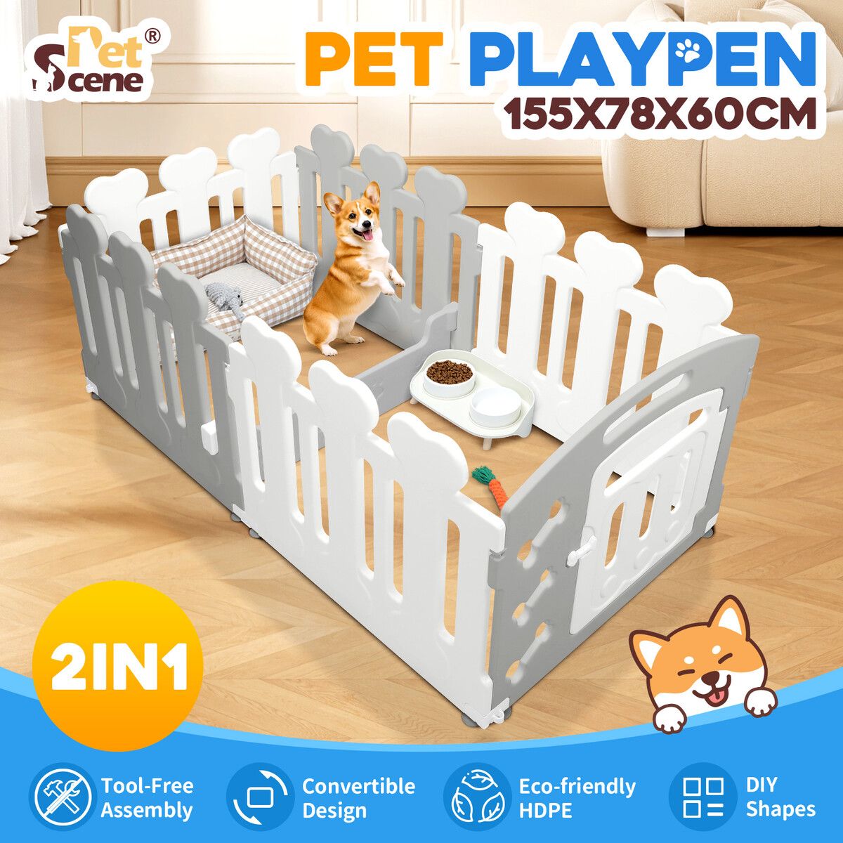 Dog Pet Cat Kennel Enclosure Cage Safety Gate Playpen Crate Fence Whelping Box Barrier Kitten Puppy Furniture Train Play Pen 6 Panels 2 in 1 Portable