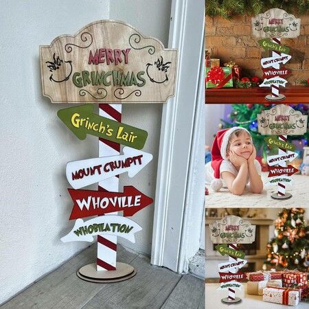 Grinch Christmas Wooden Christmas Decorations Sign,Tabletop Indoor Outdoor Decoration,Cute Cartoon Character Standing Decoration