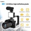 4K Vlogging Camera 64MP Night Vision Digital Camera for Photography with,3in Screen 16X Digital Zoom Camcorders Video Camera with Fill Light Mic Stabilizer