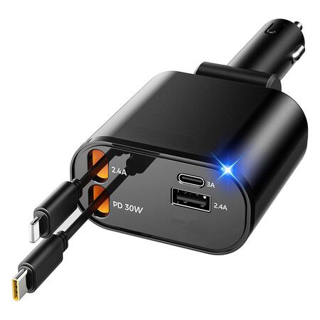 Retractable Car Charger 4 in 1, Fast Car Phone Charger with Cord 2.6ft, USB C and Apple Car Adapter, Compatible with iPhone, Galaxy, Pixel