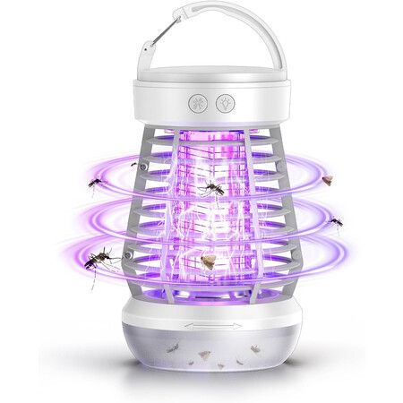 Portable Bug Zapper 3 in 1 Outdoor Rechargeable Mosquito Killer, Compact Bug Zapper with Light, Small Fly Insects Lamp Trap for Garden Yard (White)