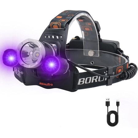 RJ-3000 LED Black Light Headlamp, 3 Modes White and UV Light Headlamp, Head Lamp for Hunting Camping Hiking Fishing Working