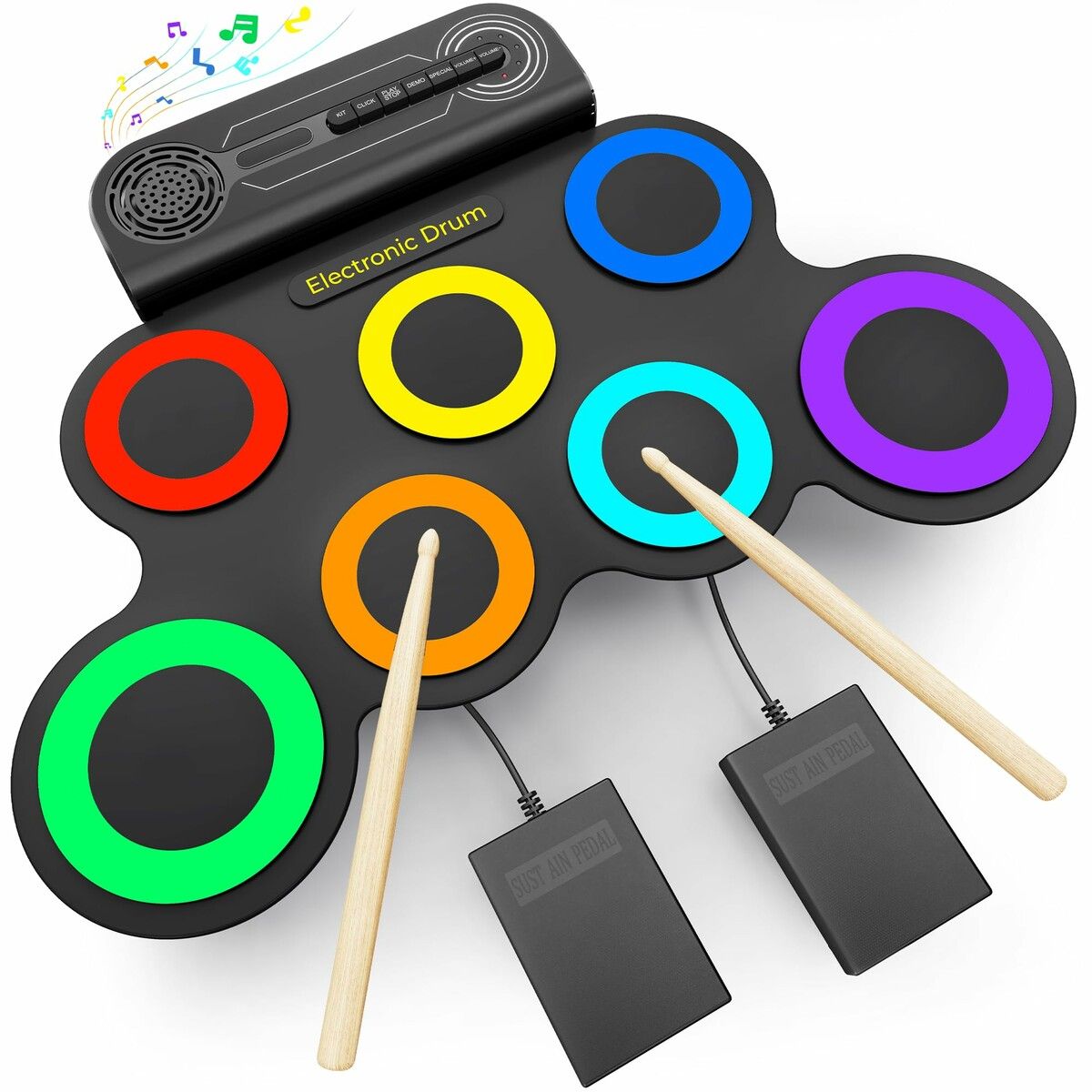 Electric Drum Set Built-in Speaker,Kids Electronic Drum Practice Pad Kit,Portable Roll Up Drum Machine with 2 Foot Pedals,Drumsticks,Christmas Gifts