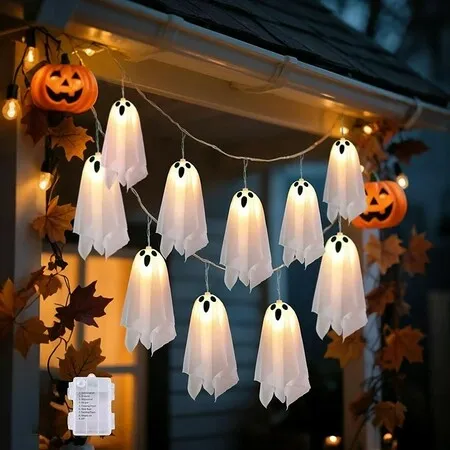 10 LED Battery-Powered Halloween Ghost String Lights, 8 Modes & Timer, Waterproof Indoor/Outdoor Decor for Party, Porch, Window, Haunted House