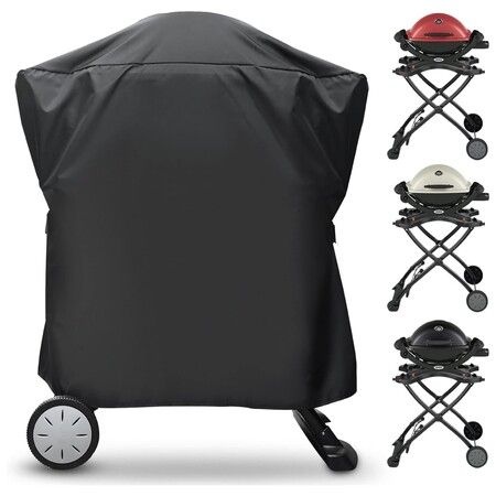Grill Cover for Weber Q Series Grill on Cart - 7113 BBQ Cover for Q2000/Q200/Q1000/Q100 with Portable Stand, 600D Heavy Duty & Waterproof BBQ Cover for Weber Q2200, 2400, 1200, 1400 and More