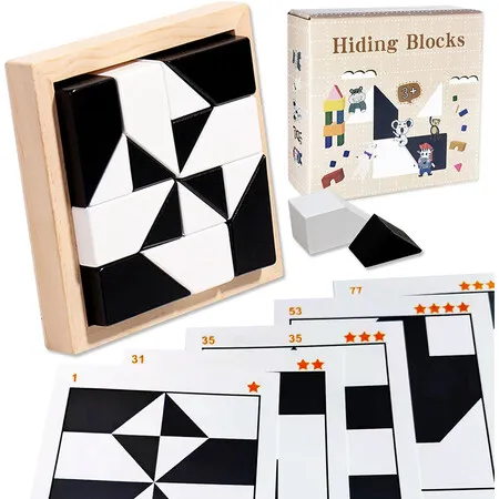 Block Puzzle, Plastic Cube Puzzle with Storage Tray Hidden Geometric Shape Pattern Jigsaw 3D Logic Thinking Training Desktop Game for Ages 3 to 12 Years