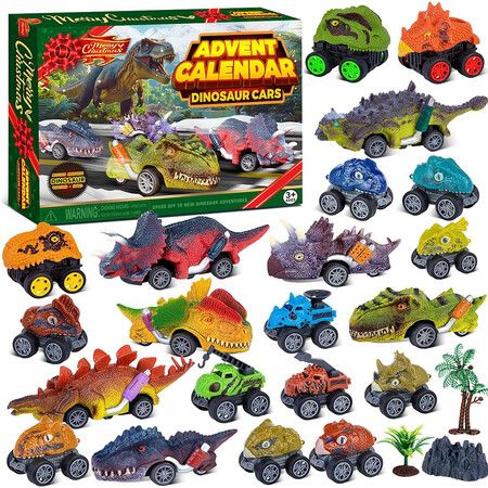 24 Days Monster Truck Christmas Countdown Calendar Pull Back Cars Set for Boys, Christmas Holiday Gift & Party Favor for Dino Lovers