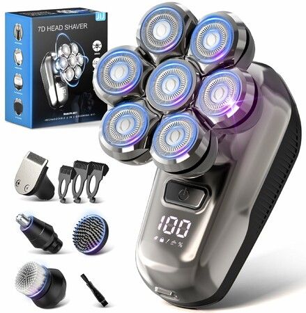Head Shavers for Bald Men - 5-in-1 Electric Head Shaver Grooming Kit, 7D Floating Wet Dry Razor for Bald Heads with LED Smart Display Turbo Speed