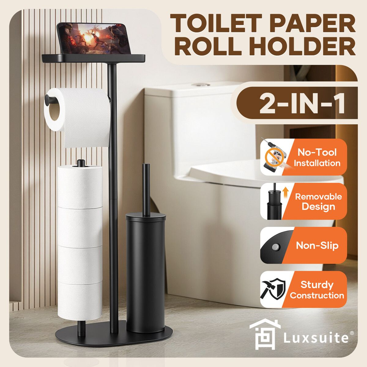 Toilet Paper Holder Brush Phone Shelf Free Standing Bathroom Organiser Spare Tissue Roll Storage Reserve Floor Stand Pole Dispenser Home Decor Black