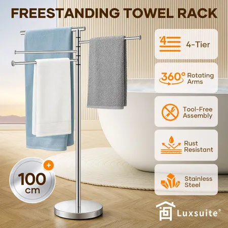 Towel Rail Drying Rack 4 Tier Free Standing Stainless Steel Shower Washcloth Holder Hanger Storage Rotating Hanging Bars for Bathroom Restroom Kitchen