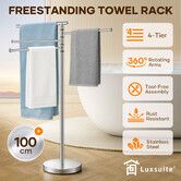 Towel Rail Drying Rack 4 Tier Free Standing Stainless Steel Shower Washcloth Holder Hanger Storage Rotating Hanging Bars for Bathroom Restroom Kitchen