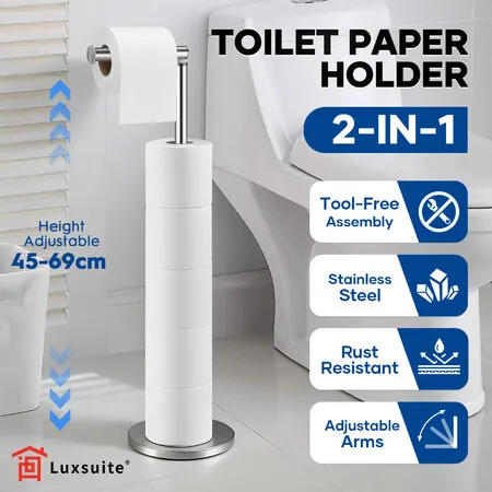 Free Standing Toilet Paper Holder Adjustable Bathroom Organiser Spare Tissue Roll Storage Reserve Floor Stand Pole Dispenser Stainless Steel Rack 69cm