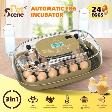 24 Eggs Incubator Automatic Egg Hatcher Breeder Hatching Machine for Chicken Duck Bird Pigeon Quail Poultry Auto Turner Water Refill Bottles Candler