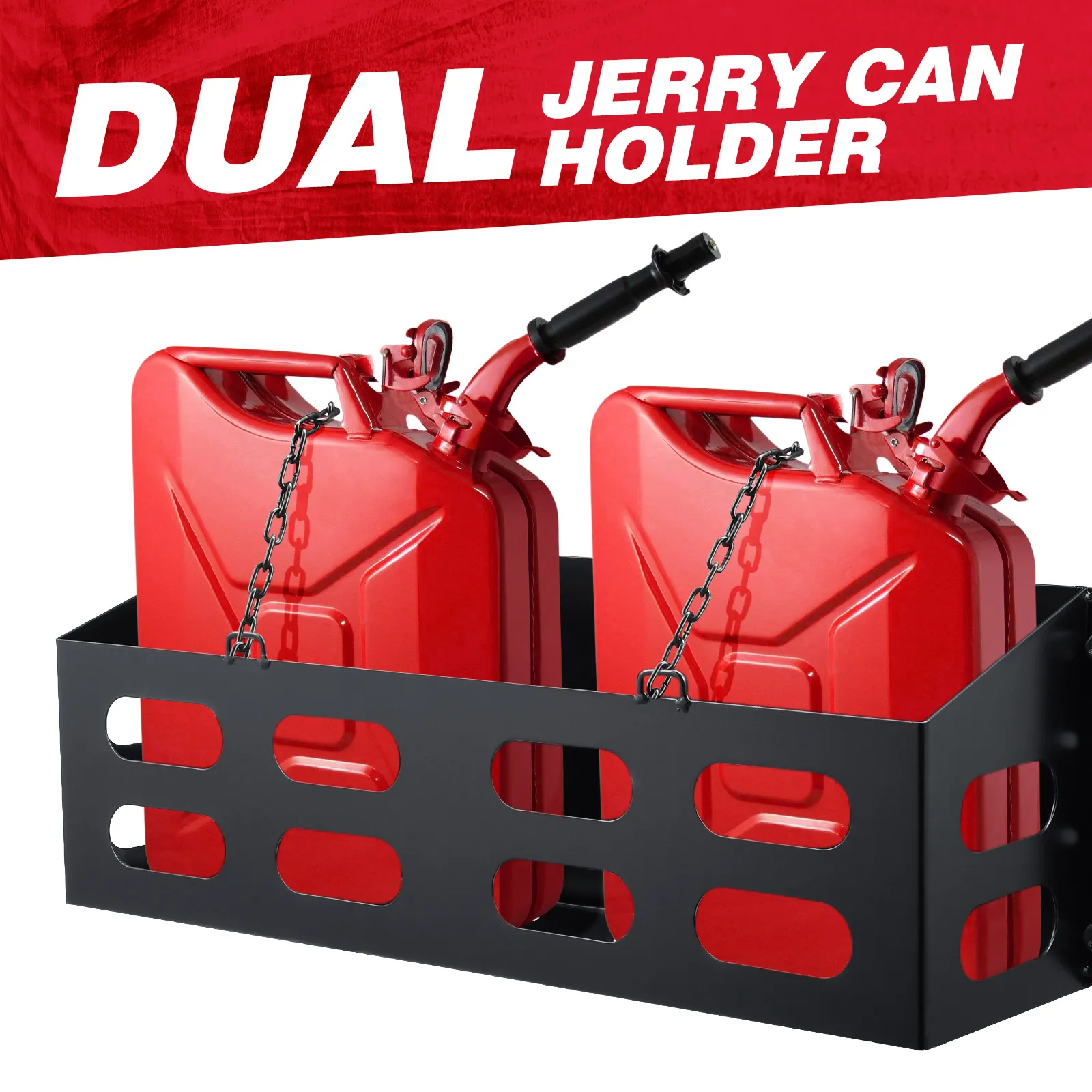 Dual Jerry Gas Can Holder Metal Lockable Fuel Jug Canister Petrol Container Rack Mount Bracket Liquid Carrier Toolbox for Camper Caravan Trailer Black