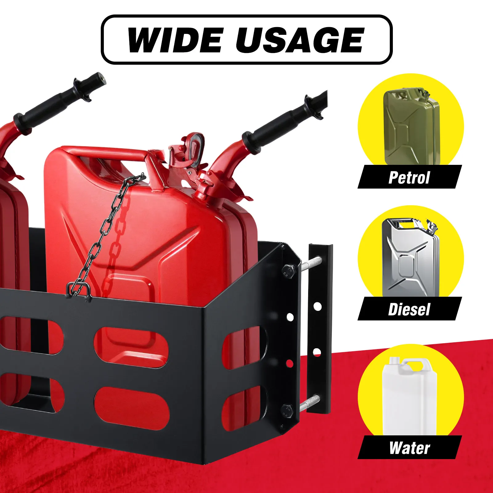 Dual Jerry Gas Can Holder Metal Lockable Fuel Jug Canister Petrol Container Rack Mount Bracket Liquid Carrier Toolbox for Camper Caravan Trailer Black