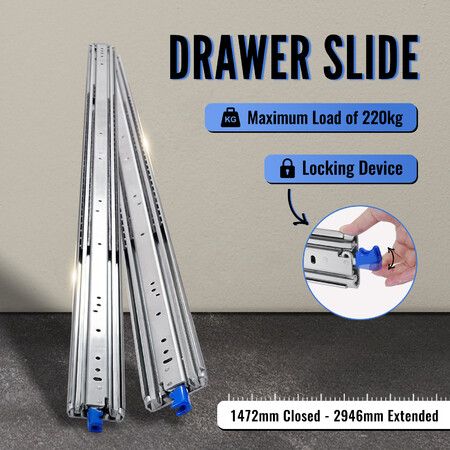 Locking Drawer Slides Runners Heavy Duty Ball Bearing Trailer Rails Track Full Extension 1472mm to 2946mm Cabinet Guide Metal 220kg RV Camper Toolbox