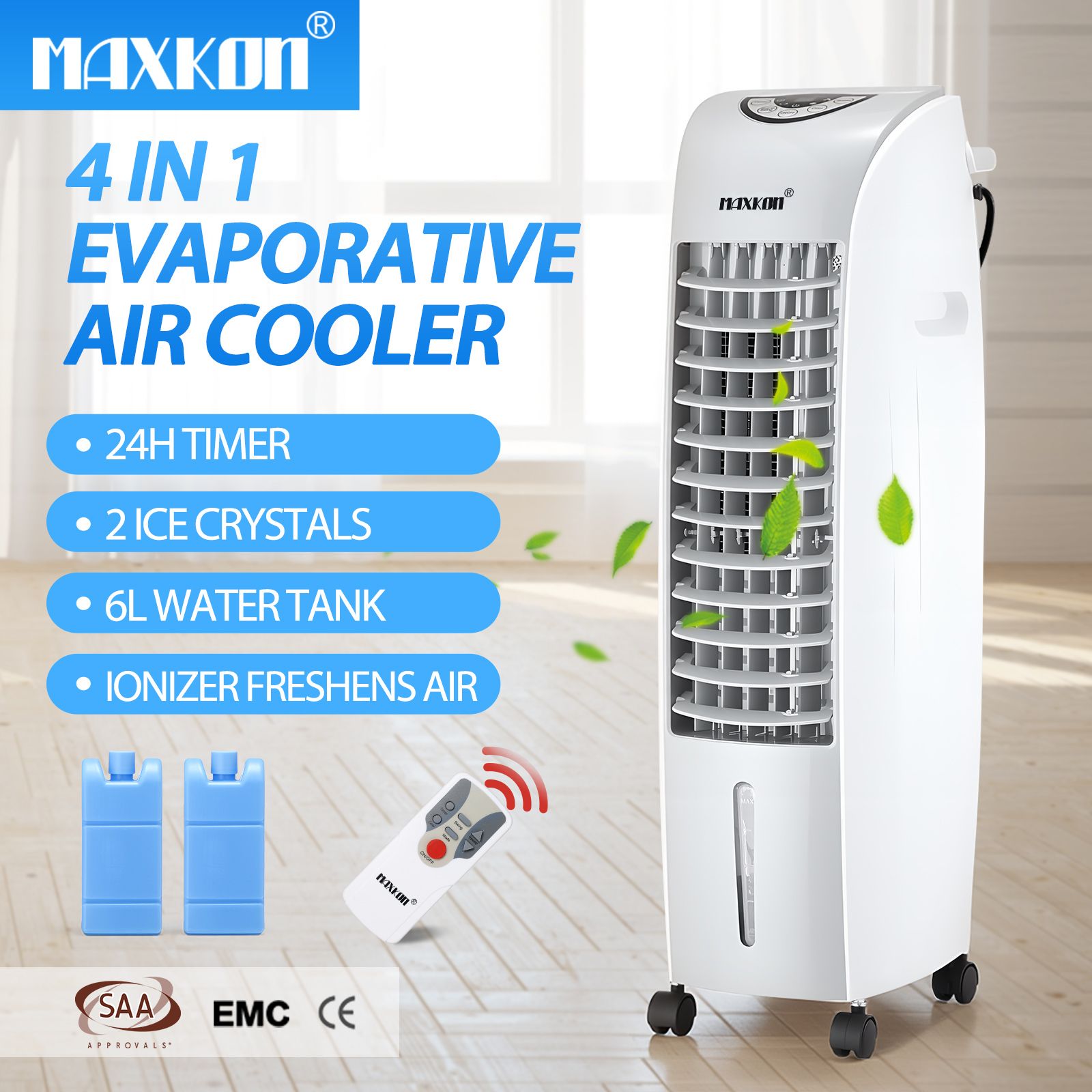Maxkon Air Cooler Portable Evaporative Cooling Fan Purifier Humidifier 6L Water Tank 4 in 1 Remote Control Swamp Home Room Ionizer Conditioner System