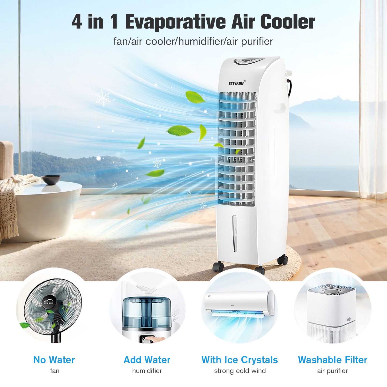 Maxkon Air Cooler Portable Evaporative Cooling Fan Purifier Humidifier 6L Water Tank 4 in 1 Remote Control Swamp Home Room Ionizer Conditioner System