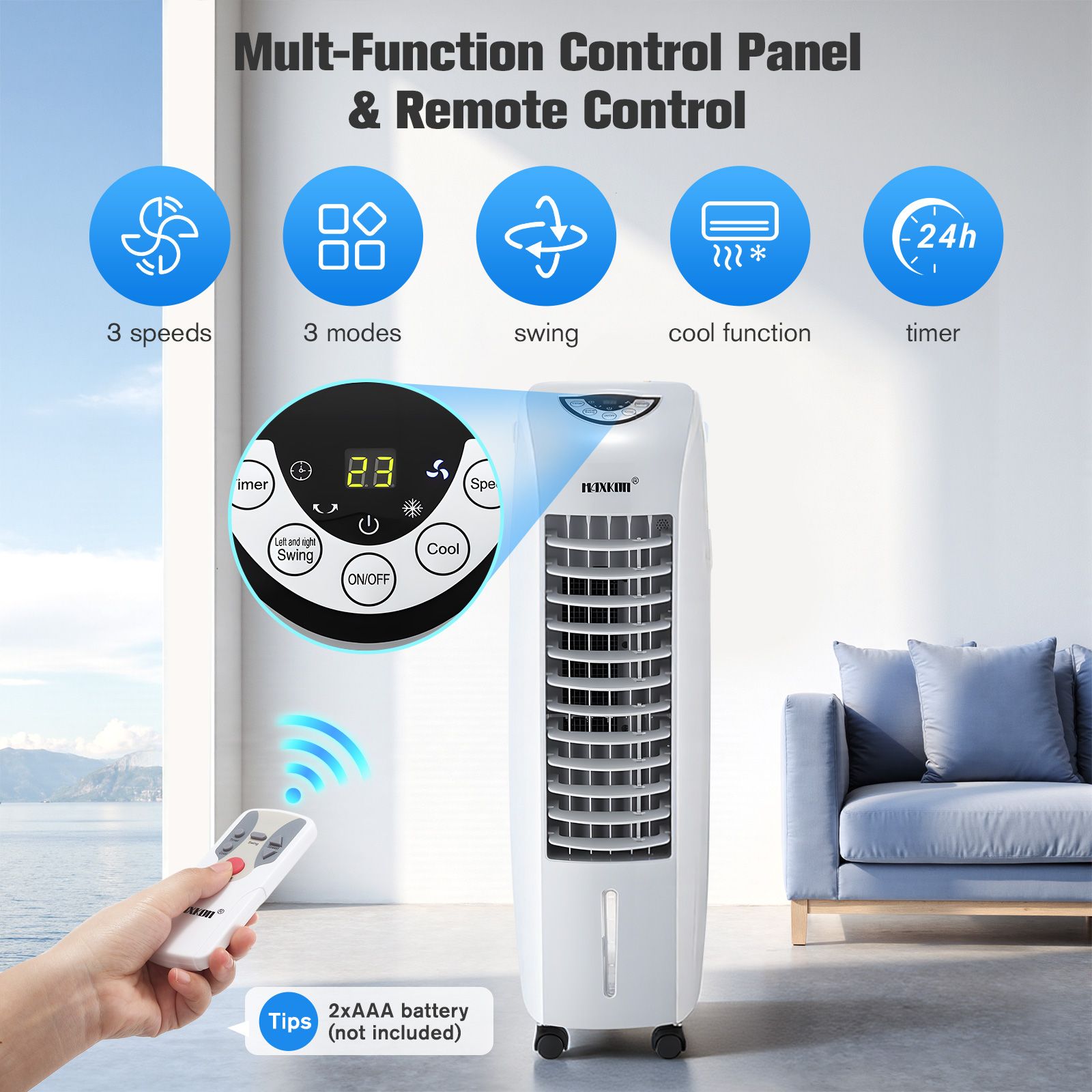 Maxkon Air Cooler Portable Evaporative Cooling Fan Purifier Humidifier 6L Water Tank 4 in 1 Remote Control Swamp Home Room Ionizer Conditioner System