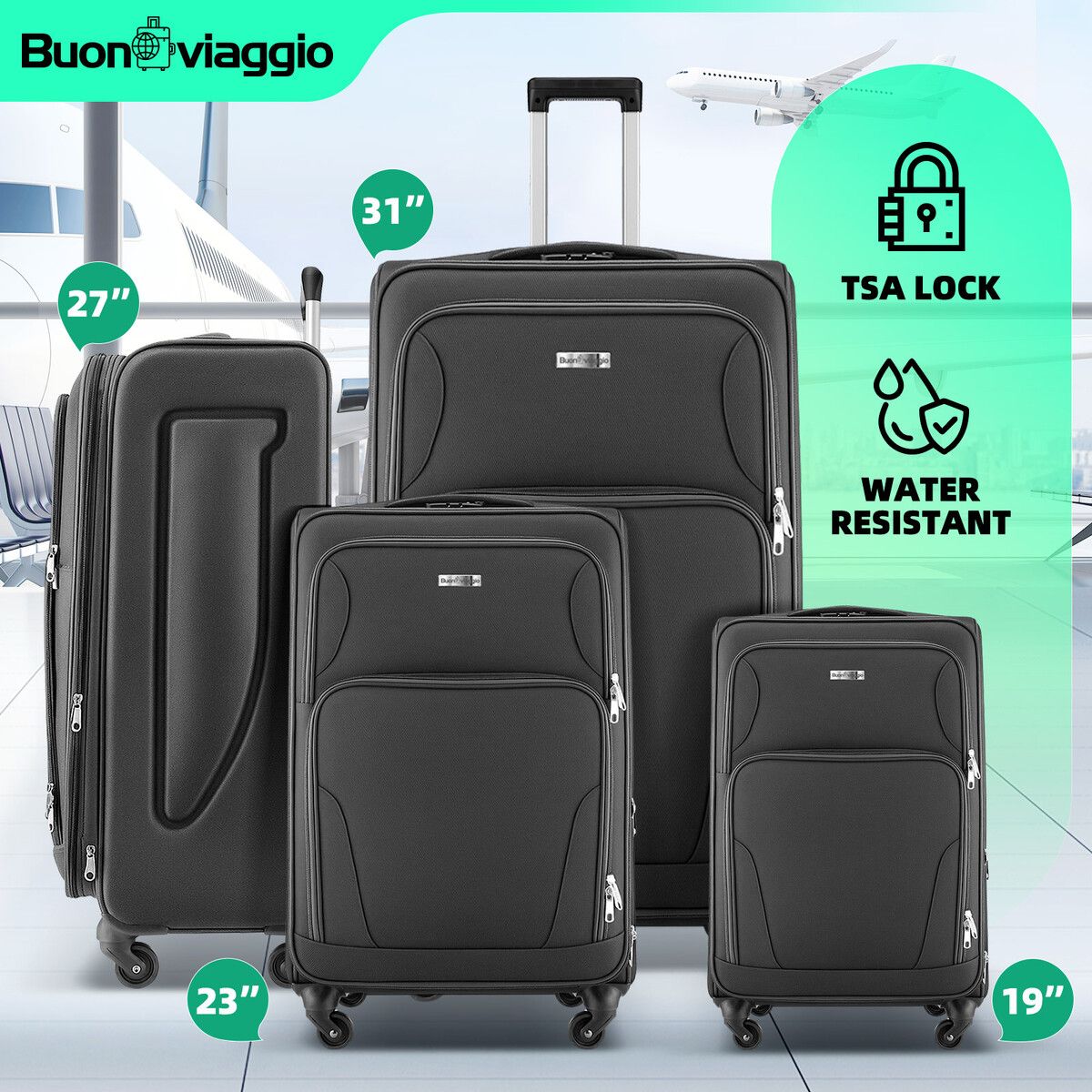 4 Piece Luggage Set Travel Suitcases Soft Shell Carry On Checked Cabin Case TSA Lock Travelling Bags Expandable Storage Hand Baggage Rolling Wheels