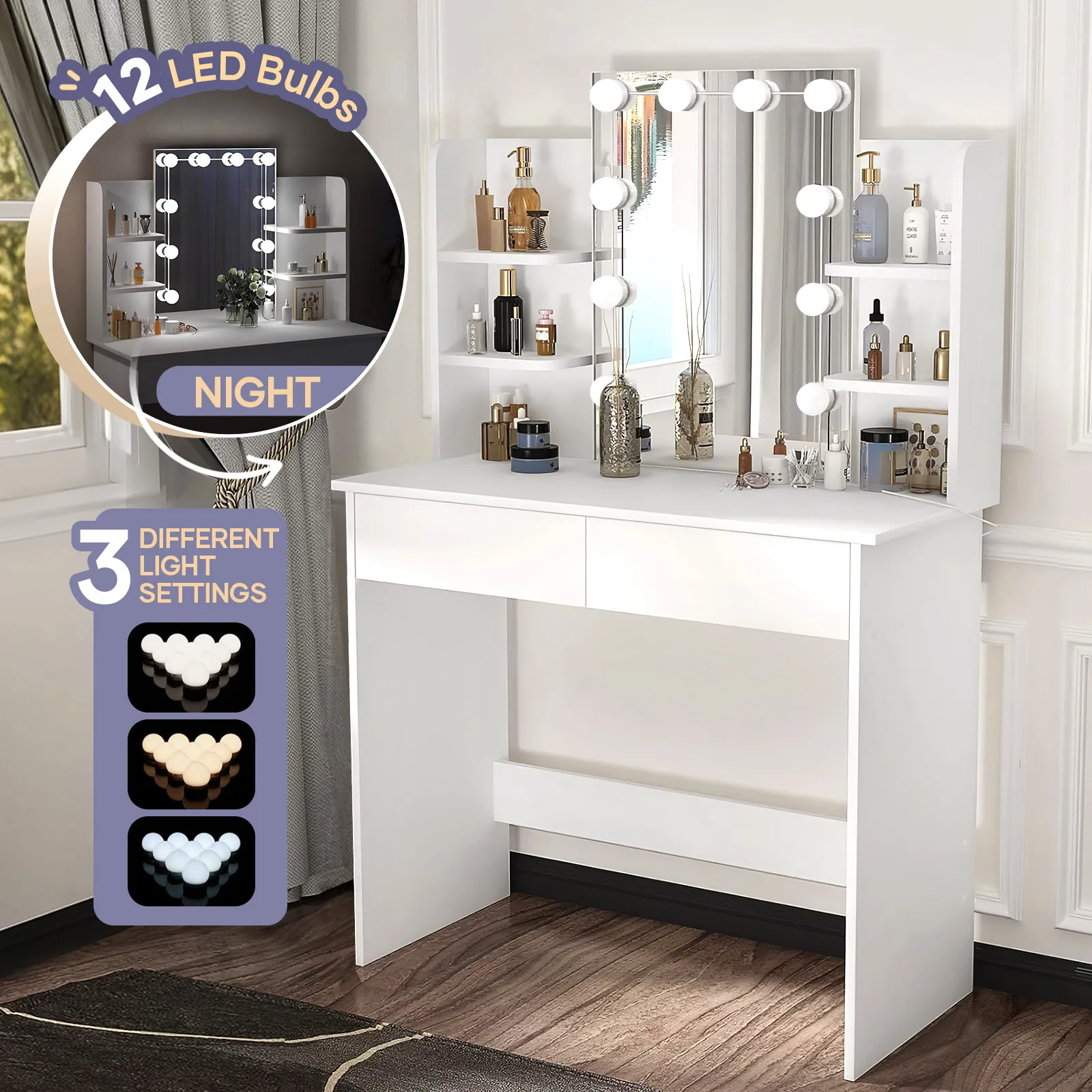 Hollywood Mirror Vanity Table Makeup Dresser White Dressing Desk Bedroom Furniture with 10 LED Lights 3 Lighting Colours 2 Storage Drawers 6 Shelves