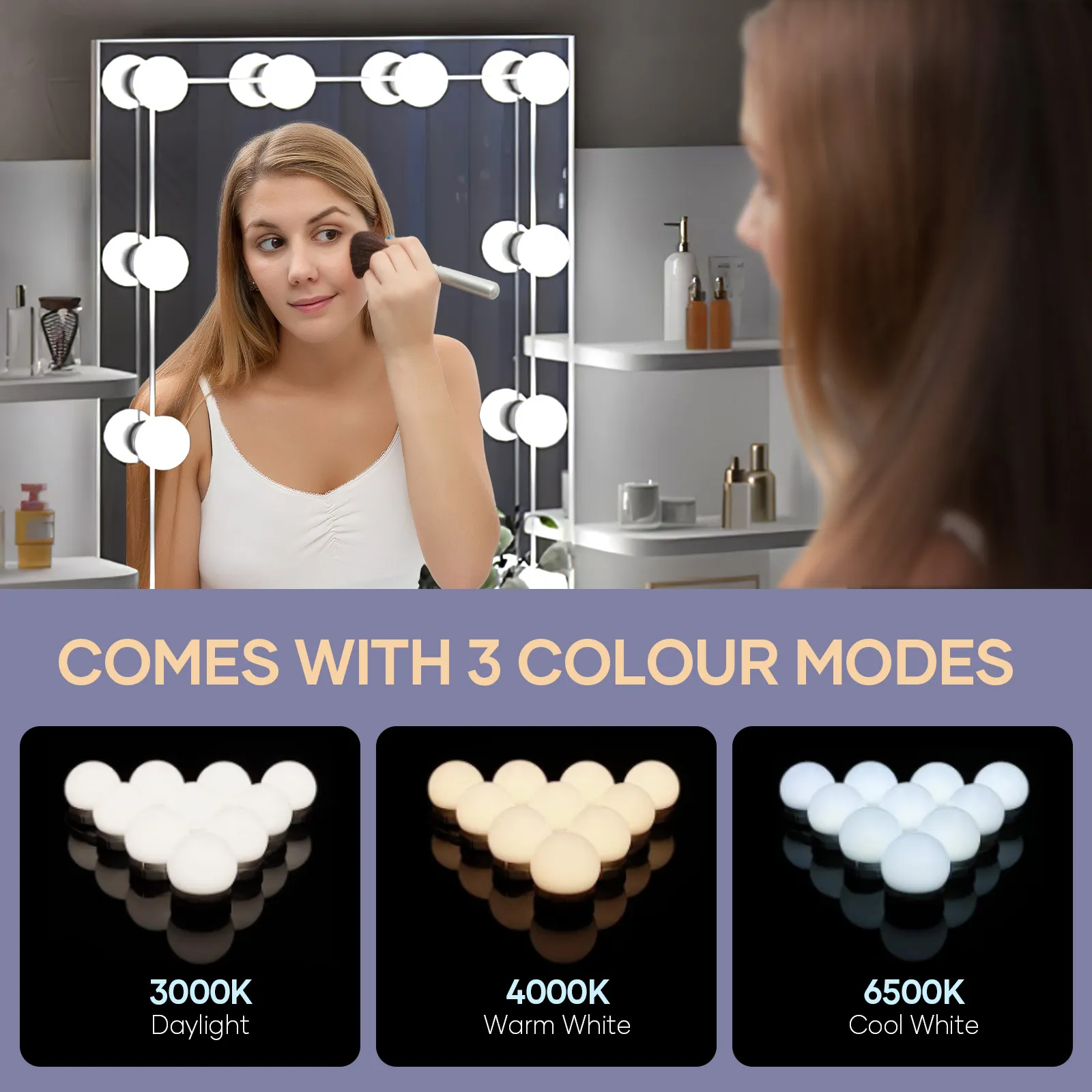 Hollywood Mirror Vanity Table Makeup Dresser White Dressing Desk Bedroom Furniture with 10 LED Lights 3 Lighting Colours 2 Storage Drawers 6 Shelves