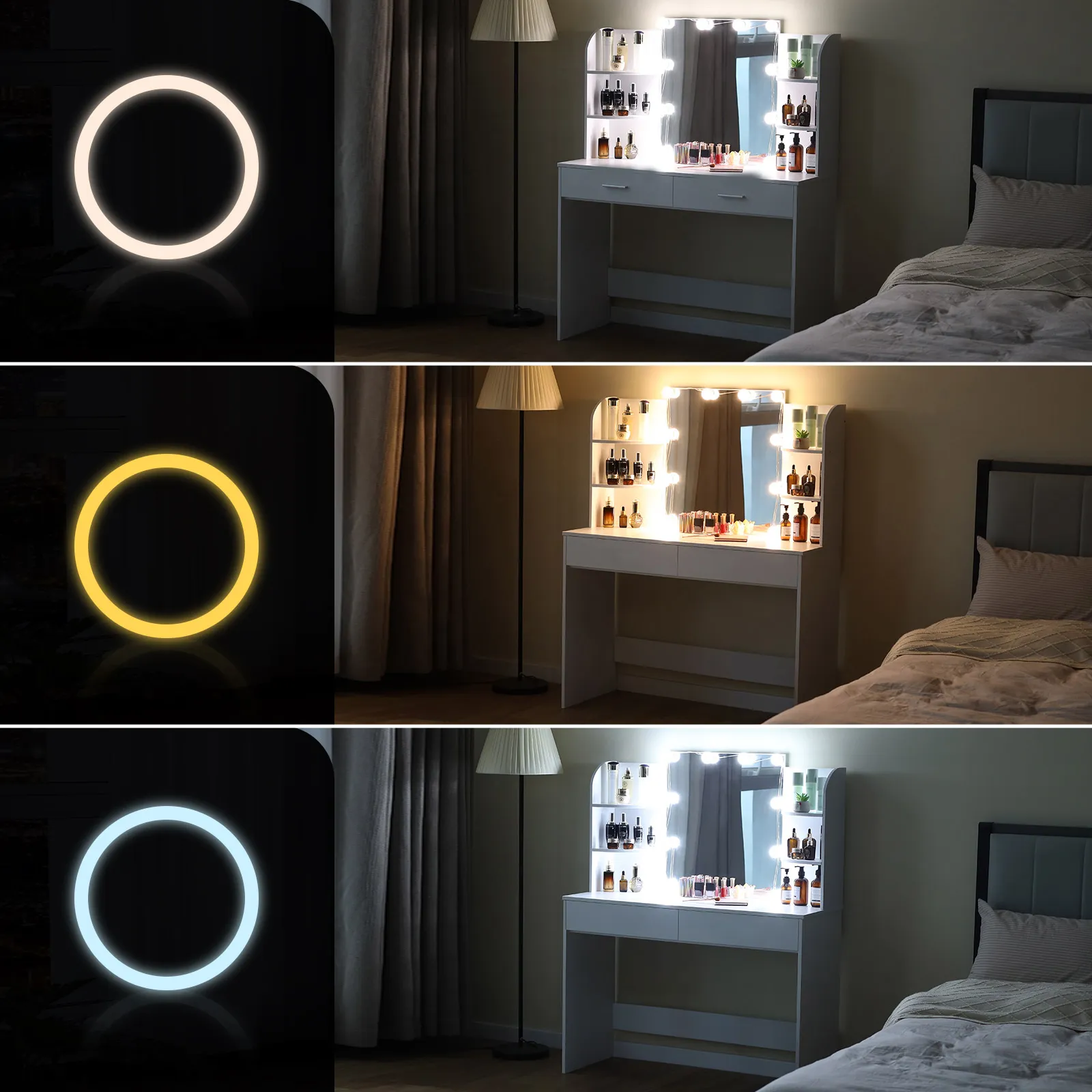 Hollywood Mirror Vanity Table Makeup Dresser White Dressing Desk Bedroom Furniture with 10 LED Lights 3 Lighting Colours 2 Storage Drawers 6 Shelves