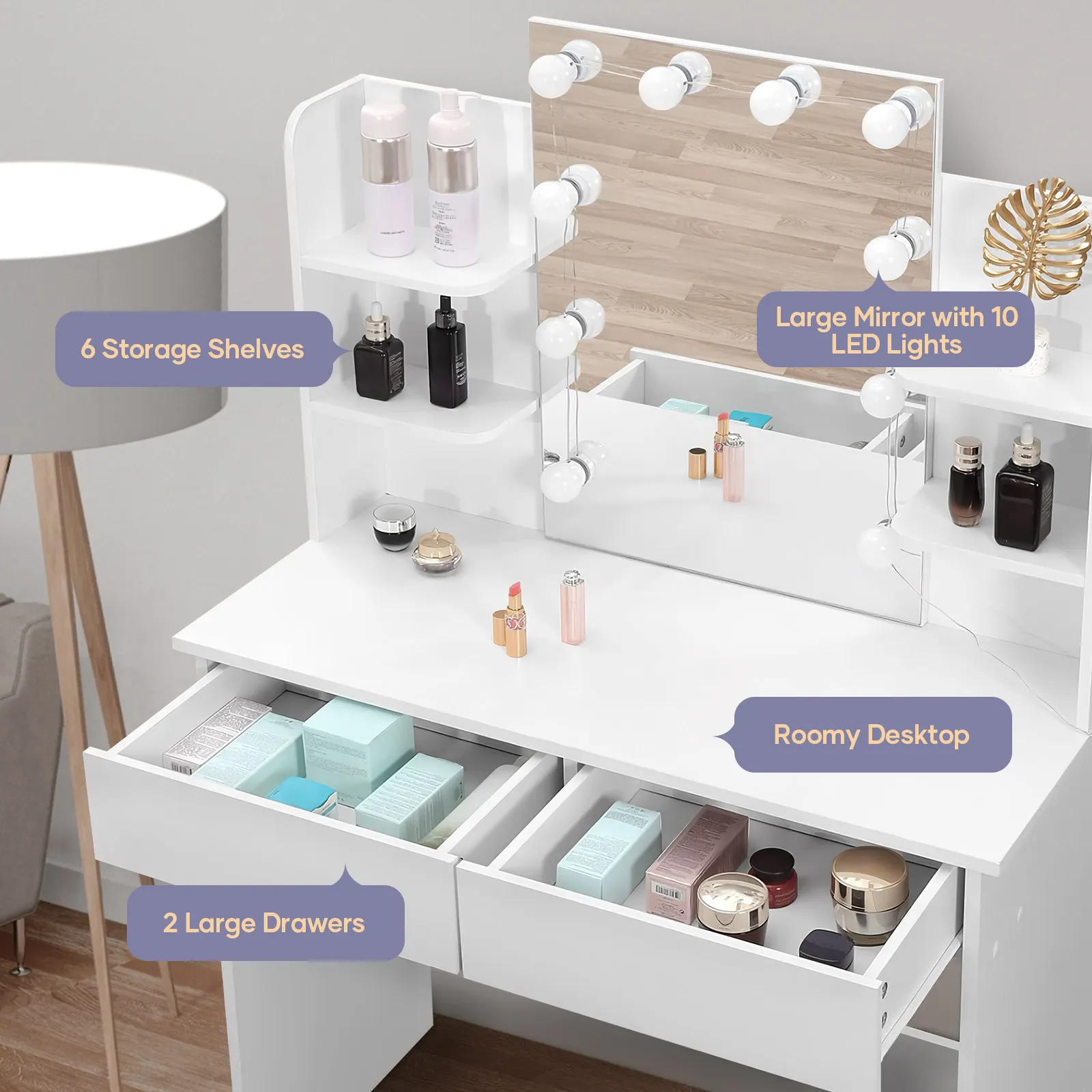 Hollywood Mirror Vanity Table Makeup Dresser White Dressing Desk Bedroom Furniture with 10 LED Lights 3 Lighting Colours 2 Storage Drawers 6 Shelves