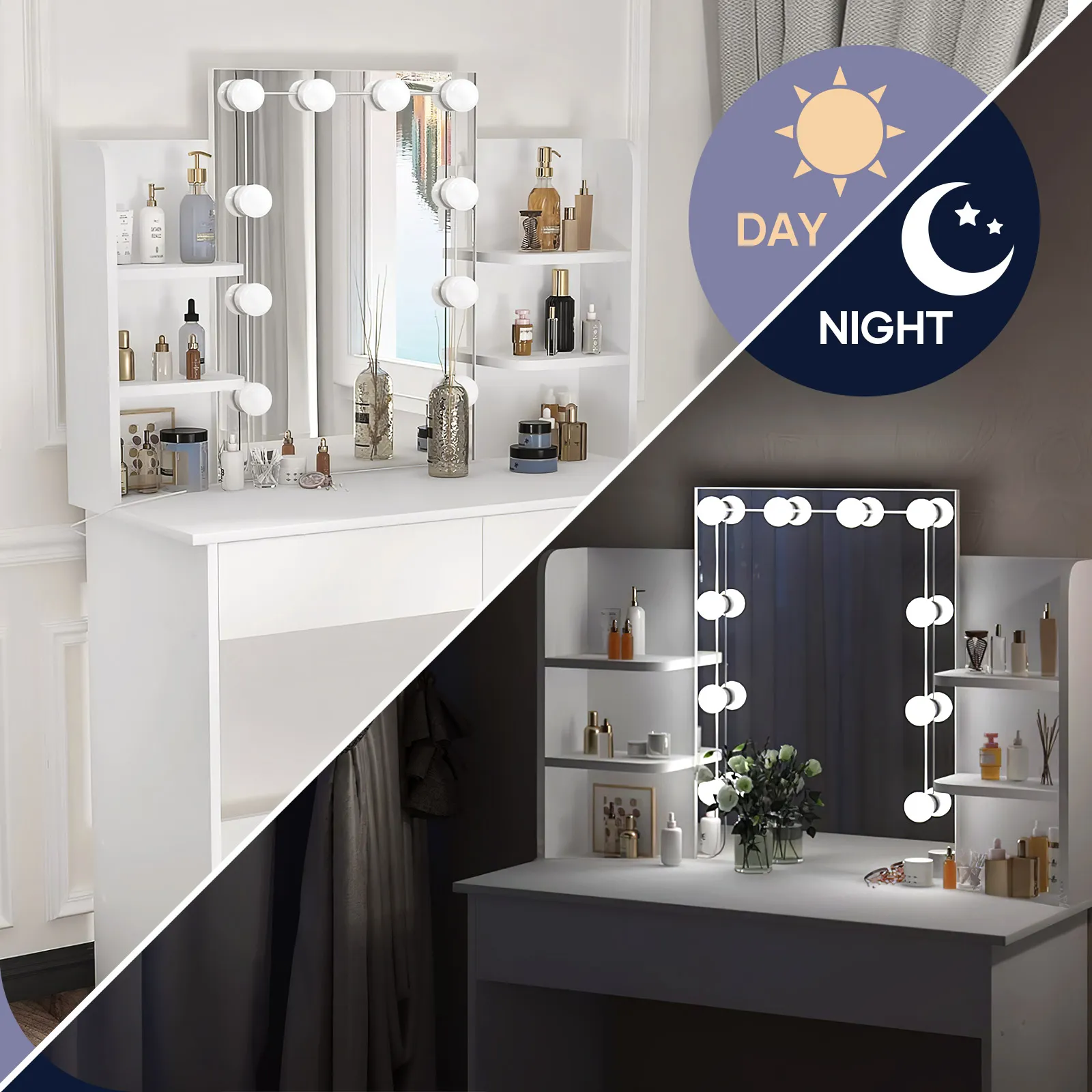 Hollywood Mirror Vanity Table Makeup Dresser White Dressing Desk Bedroom Furniture with 10 LED Lights 3 Lighting Colours 2 Storage Drawers 6 Shelves