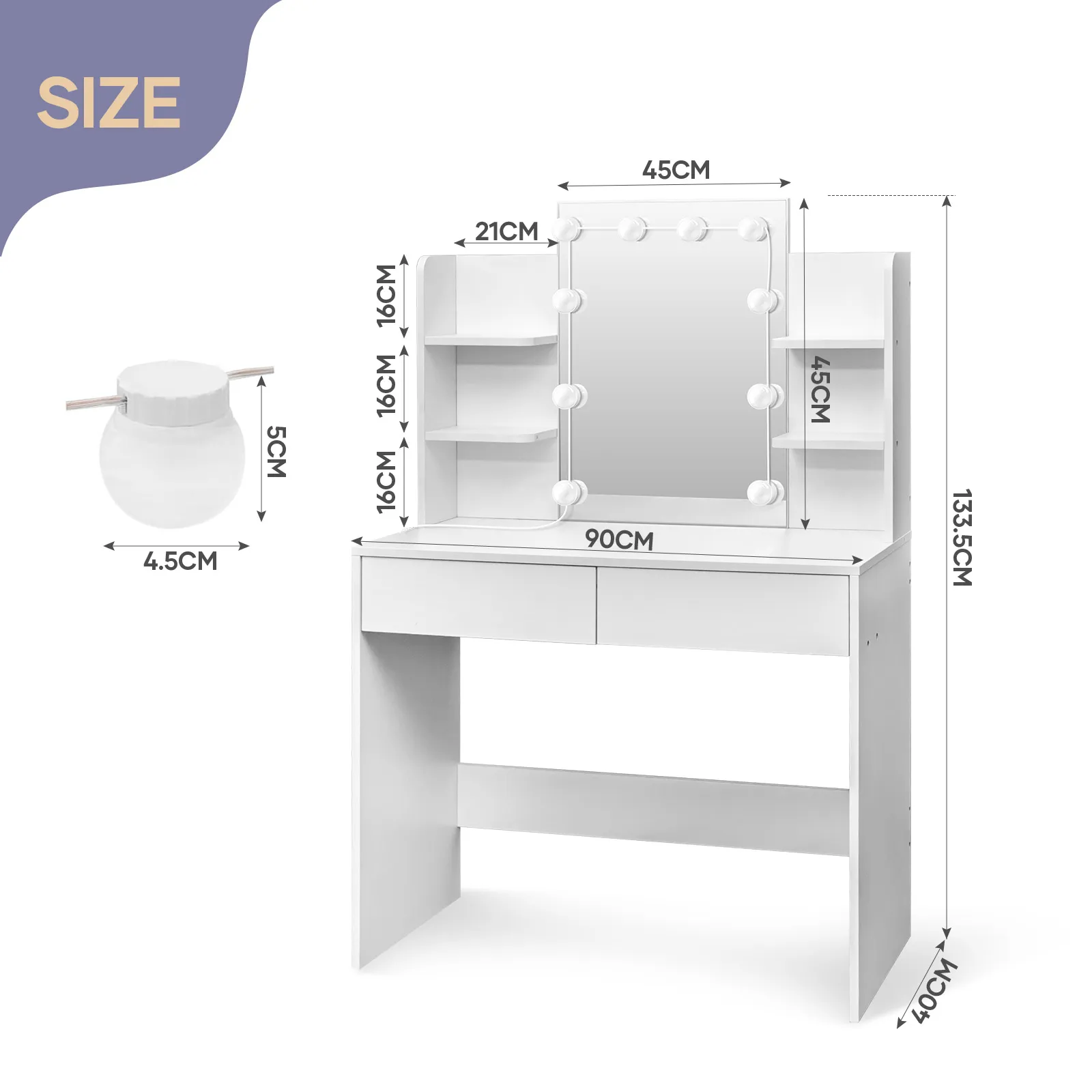 Hollywood Mirror Vanity Table Makeup Dresser White Dressing Desk Bedroom Furniture with 10 LED Lights 3 Lighting Colours 2 Storage Drawers 6 Shelves