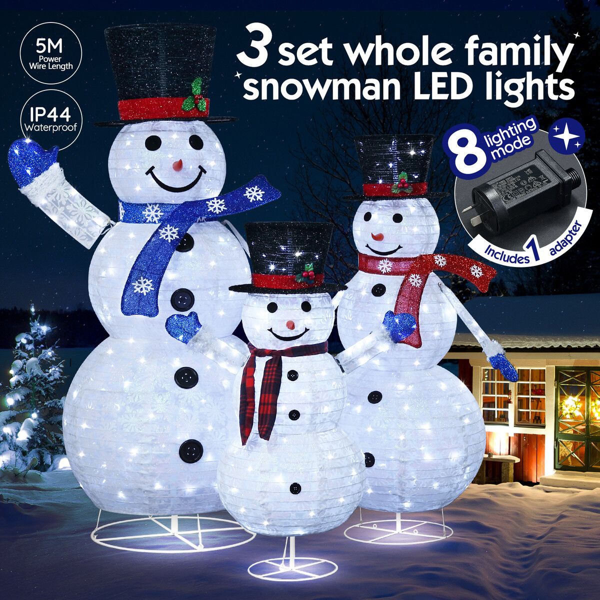 3Pcs Christmas Lights Snowman Decorations Fairy 3D LED Strip Home Display Xmas Outdoor Holiday Ornament Folding Family of 3 Figures 8 Lighting Modes