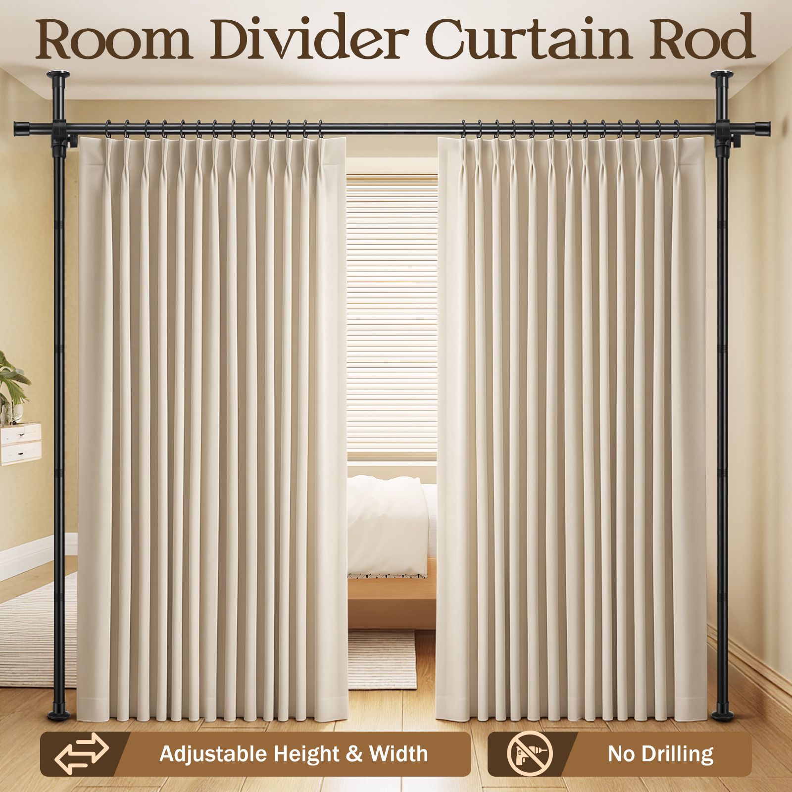 Room Divider Curtain Rod Separator No Drill Adjustable Tension Wall Space Partition Separation Freestanding Floor to Ceiling Stand Home Office Black