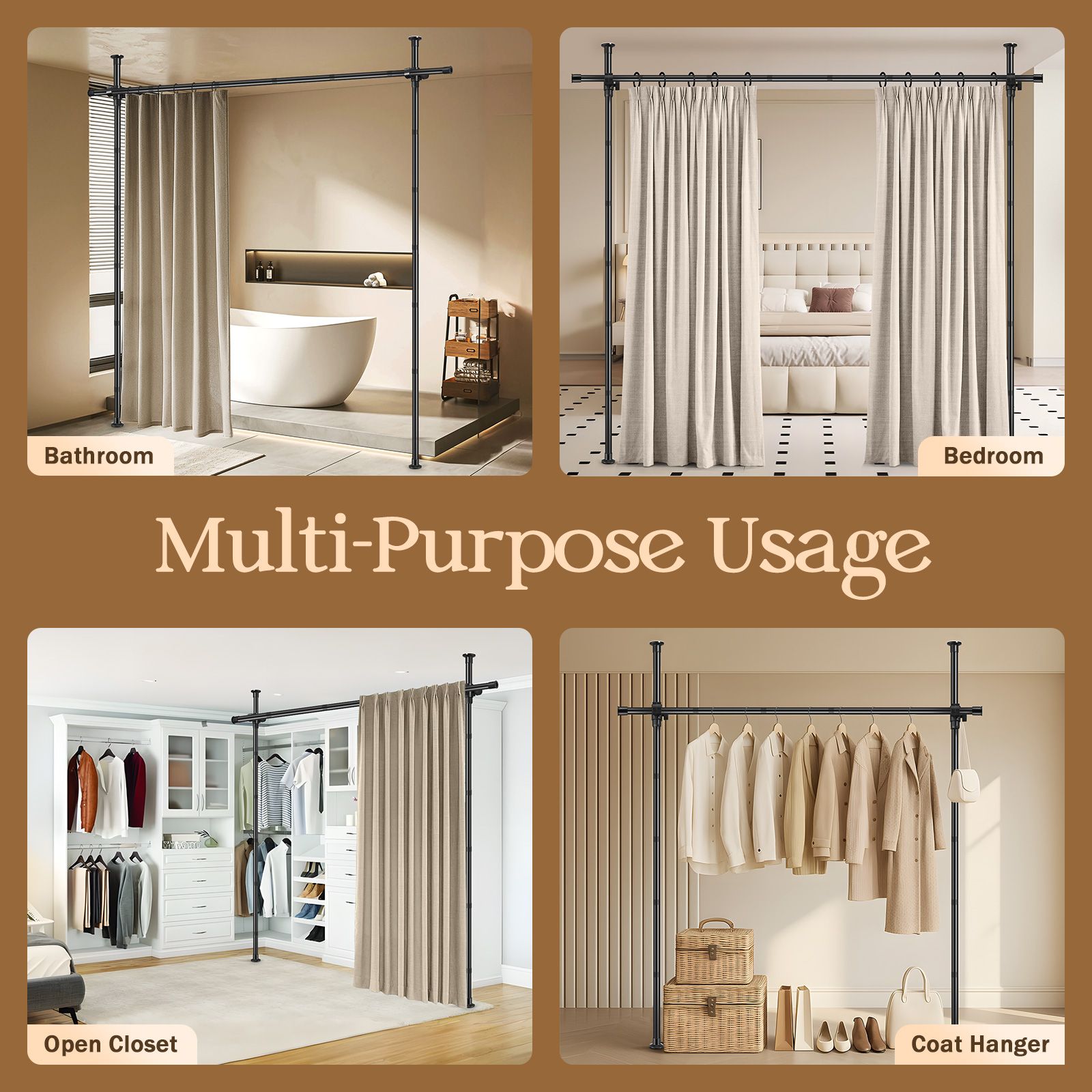 Room Divider Curtain Rod Separator No Drill Adjustable Tension Wall Space Partition Separation Freestanding Floor to Ceiling Stand Home Office Black