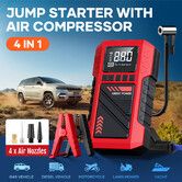 Car Jump Starter Pack 4IN1 12V Auto Tyre Inflator Battery Charger Portable Handheld Power Bank Compact Air Compressor Pump Booster Jumper LED Lights