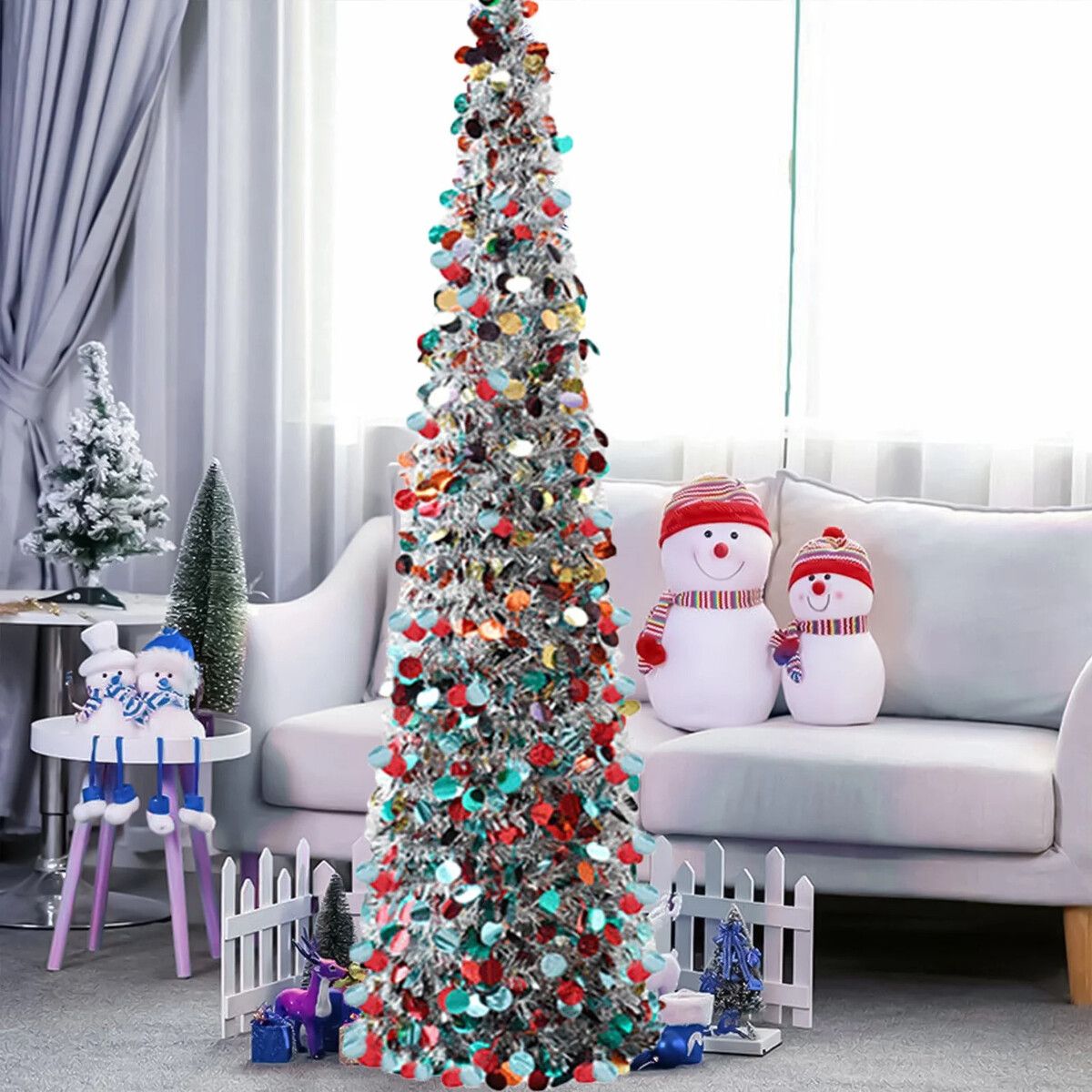150cm Pop Up Christmas Tree,Collapsible Christmas Tinsel Tree Artificial Tree Christmas Decoration for Holiday Home Office Party Color Silver